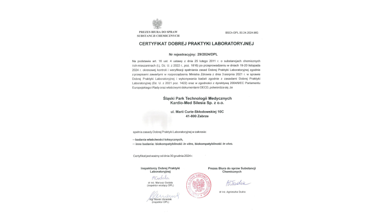 Certyfikat Dobrej Praktyki Laboratoryjnej dla Śląskiego Parku Technologii Medycznych Kardio-Med Silesia